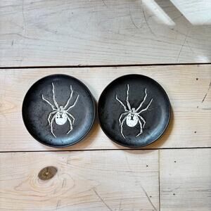 Threshold NWT Black Matte Halloween Spider Stoneware Appetizer Plate Set of 2
